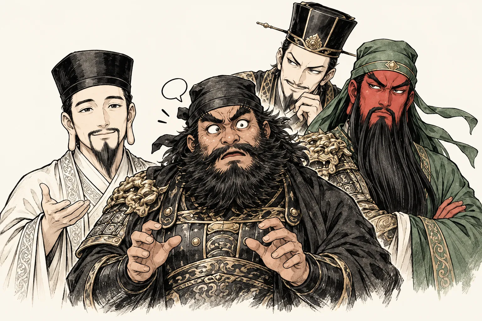 刘备微笑圆场，张飞一脸惊讶，关羽抱臂补刀，曹操在身后偷笑的三国漫画